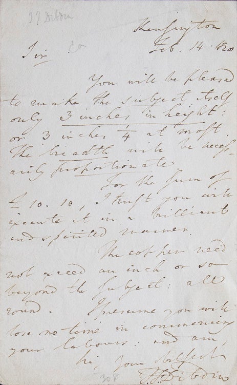 ALS. To Mr. Alfred Robert Freebairn (1794-1846) about an engraving or painting to be produced with dimensions of 3 x 3-1/4 inches and cost of £10.10