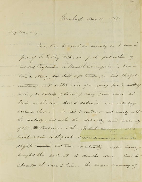 Autograph Letter Signed ("Washington Irving"), to Hon. Guilian Varplanck. About appointment of Dr. Dudley Atkinson as resident physician or Health Commissioner and about his care of Mr. Coolidge of Boston
