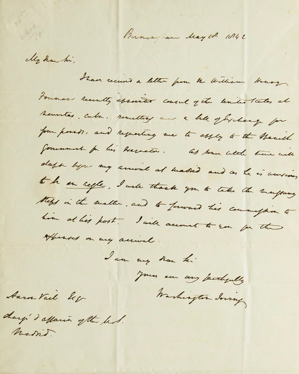 Autograph Letter Signed ("Washington Irving"), to Aaron Vail Esq. Chargé d'affaires of the U.S. in Madrid