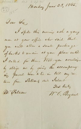 Item #305674 Autograph Letter Signed ("W.C. Bryant"), to Mr. Putnam, his publisher, asking if a...