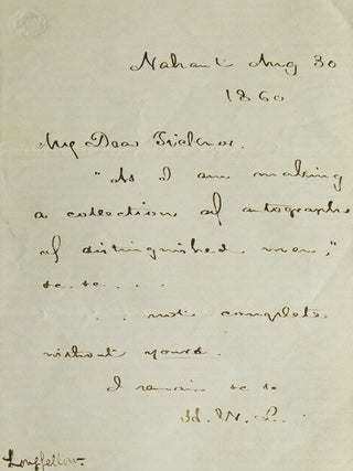 Item #305682 Autograph Letter, Signed. To His Publisher Ticknor. Henry Wadsworth Longfellow