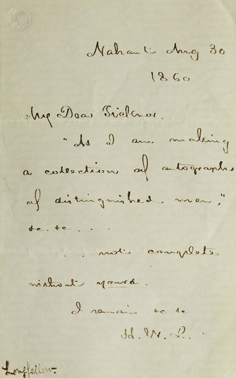 Autograph Letter, Signed. To His Publisher Ticknor