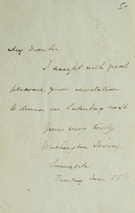 Item #305707 Autograph Note Signed ("Washington Irving"), accepting a dinner invitation....