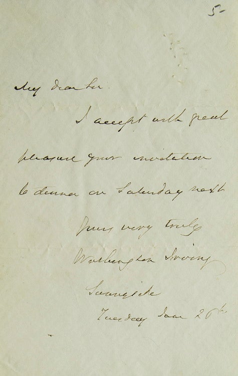 Autograph Note Signed ("Washington Irving"), accepting a dinner invitation
