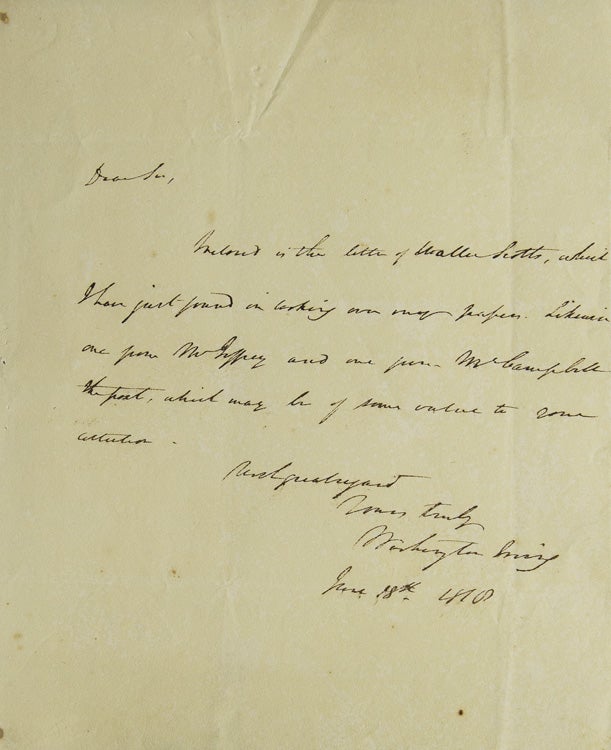 Item #305778 Autograph Letter Signed ("Washington Irving"), to Mr. Bolton, conveying literary autographs of Sir Walter Scott, Thomas Campbell, and Francis Jeffrey. Washington Irving.