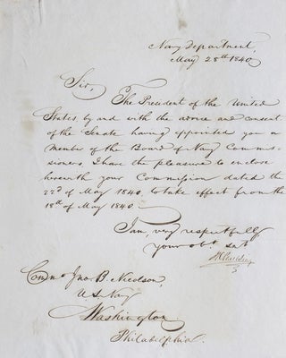 Item #305837 Letter, Signed (J.K. Paulding). To Comm. Jno. B. Nicolson, enclosing commission (not...