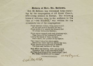 Item #305855 Proof of an article "Return of Rev. Dr. Bellows", with a hynm written for the...
