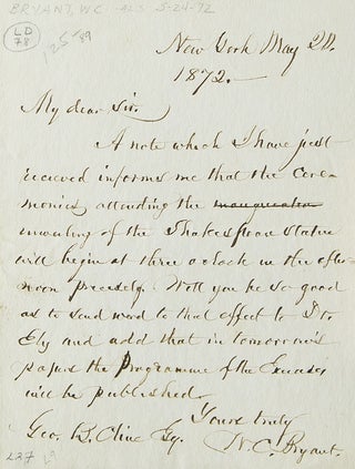 Item #305876 Autograph Letter Signed. To George B. Cline. About the unveiling of the Shakespeare...