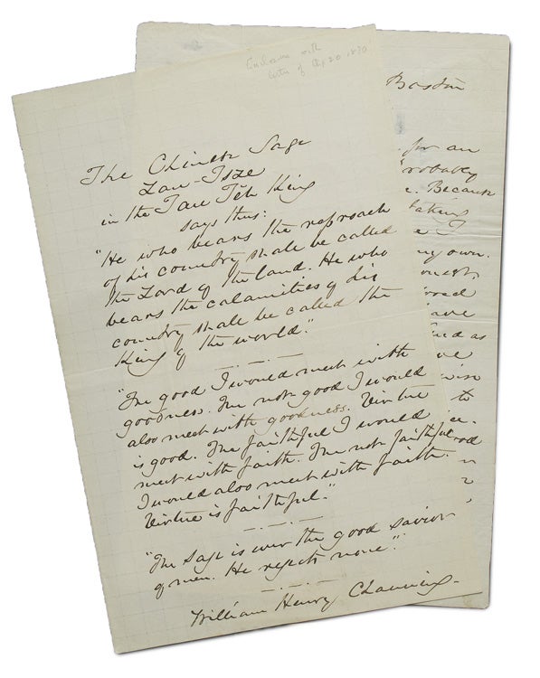 Item #305918 Autograph Letter, signed. Responding for a request for an autograph. William Henry Channing.