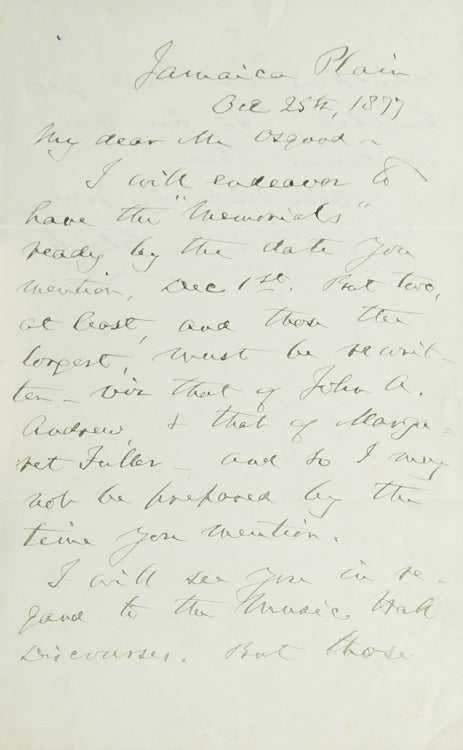 Item #305942 Autograph Letter, Signed. To Publisher James Osgood about "Memorials" James Freeman Clarke.