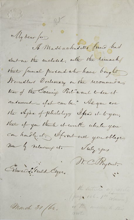 Item #306305 Autograph Letter Signed, to Edward S.[herman] Gould. William Cullen Bryant.