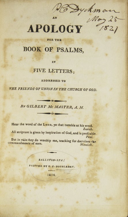 An Apology for the Book of Psalms, in Five Letters; addressed to the Friends of Union in the Church of God