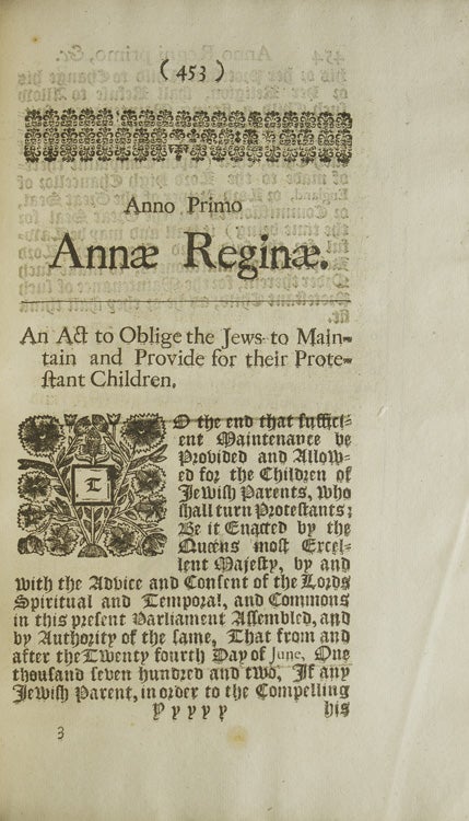 An Act to Oblige the Jews to Maintain and Provide for Their Protestant Children [1 Anne, st. I, c. 30]