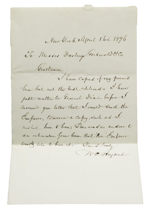 Item #307330 Autograph Letter Signed ("WC Bryant"), to Messrs Darling, Conswold & Co. William Cullen Bryant.