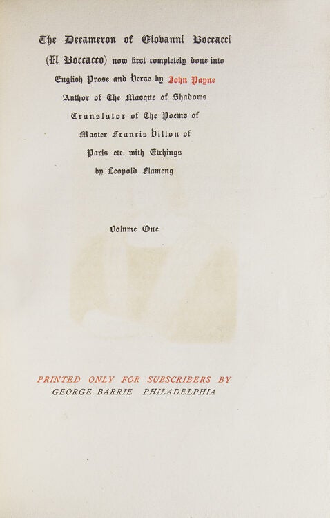 The Decameron of Giovanni Boccacci (Il Boccacco) now first completely done into English prose and verse by John Payne