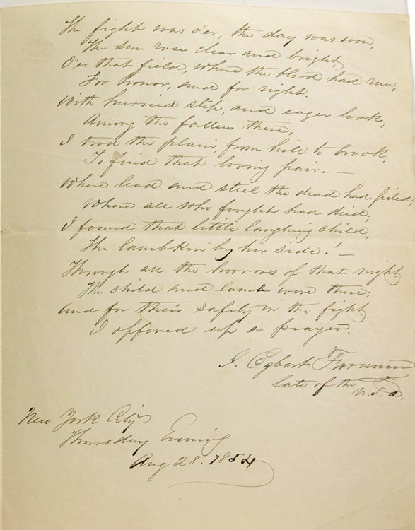 Autograph Document, Signed, "J. Egbert Farnum late of the U.S.A." Being a hand-written poem relating an incident of the Mexican American War