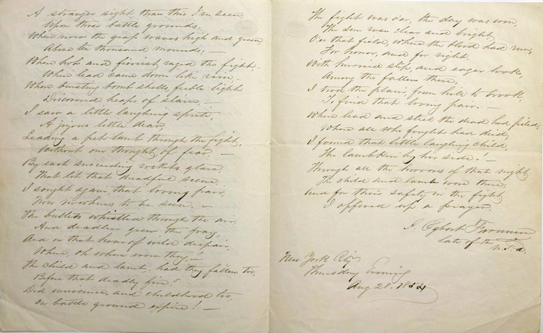 Autograph Document, Signed, "J. Egbert Farnum late of the U.S.A." Being a hand-written poem relating an incident of the Mexican American War