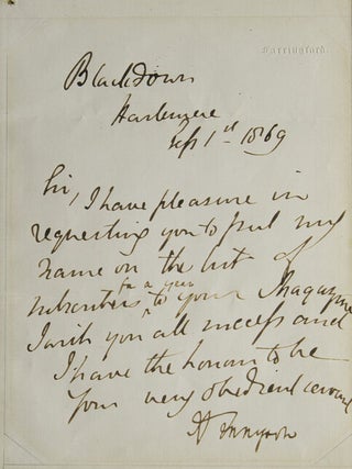 Item #307593 Autograph Letter Signed ("A Tennyson"), to an unknown recipient. Alfred Tennyson