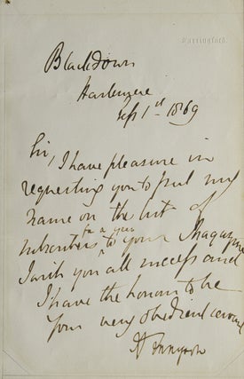 Item #307593 Autograph Letter Signed ("A Tennyson"), to an unknown recipient. Alfred Tennyson
