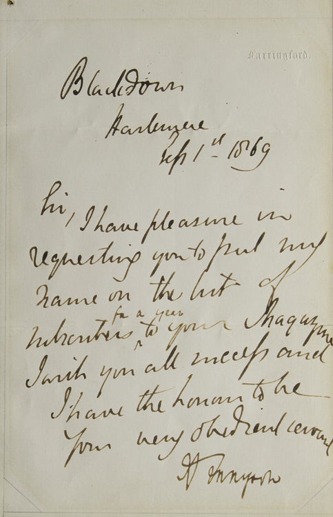 Item #307593 Autograph Letter Signed ("A Tennyson"), to an unknown recipient. Alfred Tennyson.
