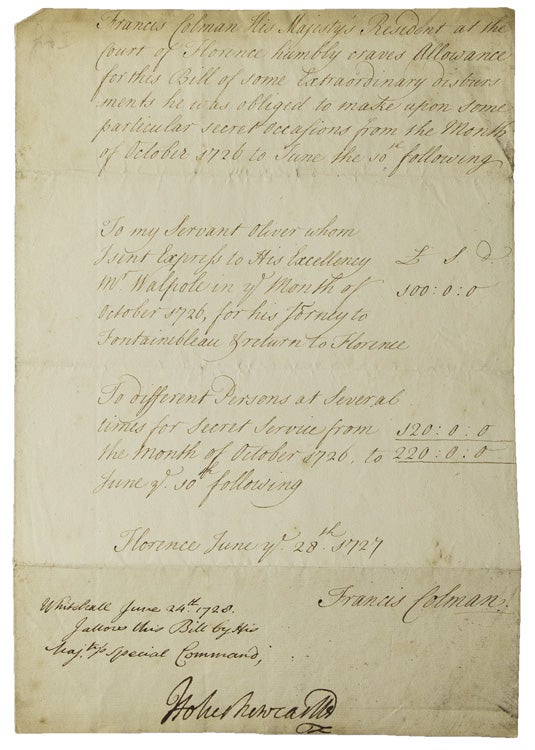 Autograph Document Signed ("Francis Colman"), being the request of a British diplomat in Italy for funds for "Secret Service" activity