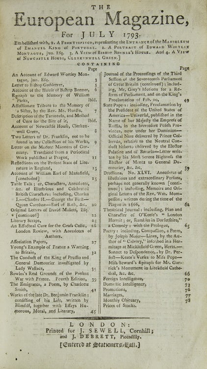 The European Magazine, and London Review … Vol: 24, from July to Decr: 1793