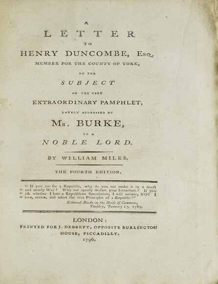 [Sammelband of 21 works by or in response to Edmund Burke, bound in four volumes, from the library of a noted British railway director and Liberal member of Parliament]