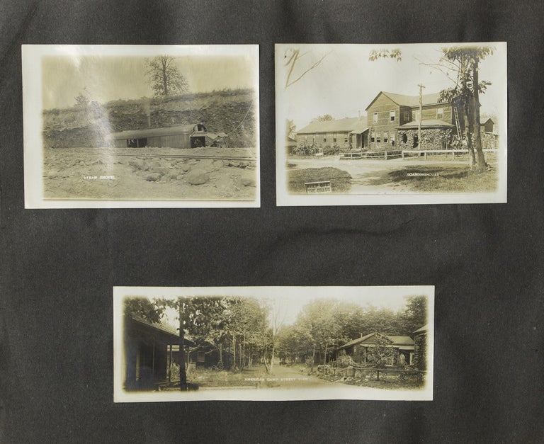 Album with 87 photographs depicting construction of the Ashokan reservoir, which supplies water to New York City, with multiple views of excavation machinery, compressors, special aqueduct and screen chamber, the spillway, tunnels, and picturesque scenes of local buildings