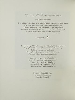 Item #308250 More Correspondence with Writers. Edited by Jeremy and Nicole Wilson. T. E Lawrence