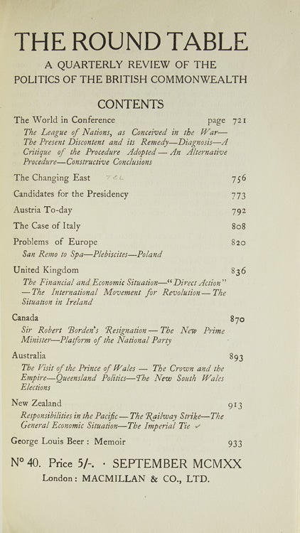 The Changing East. [In:] The Round Table, No. 40, for September 1920
