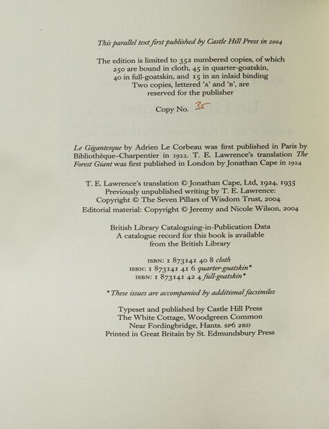 Rudolf Bernhardt, ‘Adrien Le Corbeau’. Le Gigantesque translated by T.E. Lawrence, ‘J.H. Ross’, as The Forest Giant. Parallel French and English Texts
