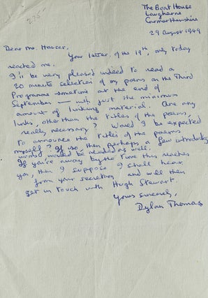 Item #308313 Autograph Letter Signed ("Dylan Thomas"), to producer Frank Hauser at the British...