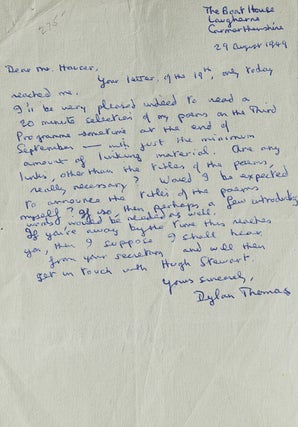 Item #308313 Autograph Letter Signed ("Dylan Thomas"), to producer Frank Hauser at the...