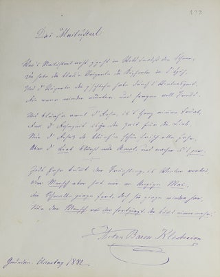 Item #308414 Manuscipt. 3 four line stanzas from "Das Mailüfterl. Klesheim, Anton Freiherr von