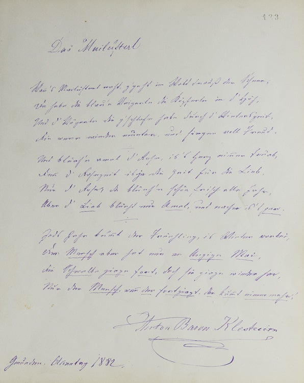 Item #308414 Manuscipt. 3 four line stanzas from "Das Mailüfterl. Klesheim, Anton Freiherr von.