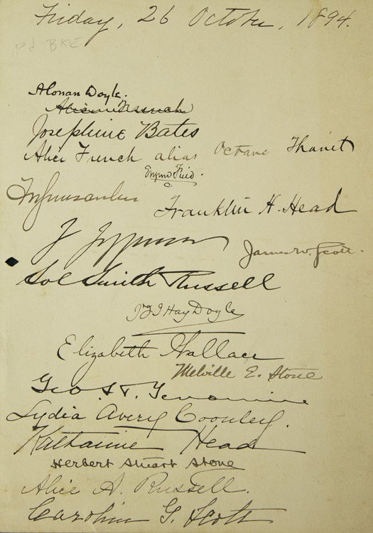 Signature, "A. Conan Doyle," at the top of a card, followed by the signatures of 17 others, including writer Eugene Field, Doyle's brother John Francis Innes Hay Doyle, writer Alice French alias Octave Thanet, Melville E. Stone, the founder of the Chicago Daily News and his son Herbert Stuart Stone of Stone and Kimball, Publishers, actor Joseph Jefferson, and preacher Frank W. Gunsaulus. On verso is written a poem by attendee Alice A. Russell incorporating the names of the guests, beginning "Why this joyous turmoil? / 'Tis to greet Dr. Doyle! / Oh, who would not hustle / To see Mr. Russell . . . ."