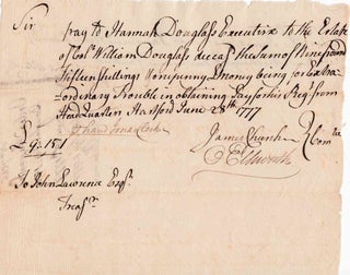 Item #308472 Autograph Manuscript Order, Signed "James Church" and "O[liver] Ellsworth" to John...