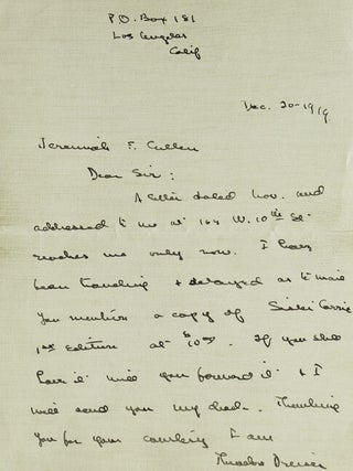 Item #308565 Autograph Letter Signed ("Theodore Dreiser"), to Philadelphia bookseller Jeremiah F....