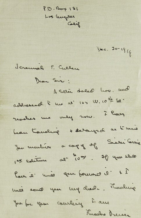 Item #308565 Autograph Letter Signed ("Theodore Dreiser"), to Philadelphia bookseller Jeremiah F. Cullen. Theodore Dreiser.