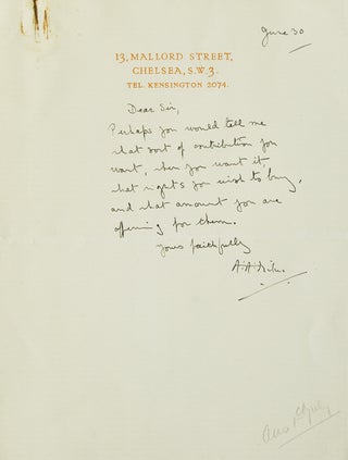 Item #308570 Autograph Letter Signed ("A.A. Milne"), responding to a solicitation for a...
