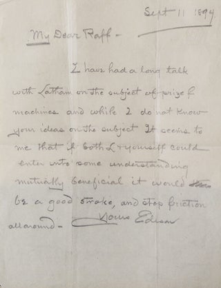 Item #308688 Autograph Letter Signed ("Edison"), to Norman C. Raff, relating to the...