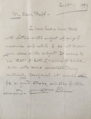 Item #308688 Autograph Letter Signed ("Edison"), to Norman C. Raff, relating to the early efforts...