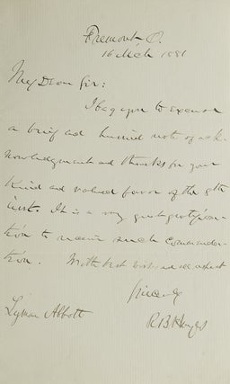 Item #308694 Autograph Letter Signed ("R.B. Hayes") to the Reverend Lymon Abbott. Rutherford B....