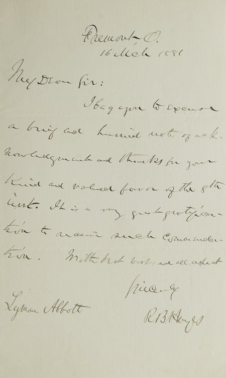 Item #308694 Autograph Letter Signed ("R.B. Hayes") to the Reverend Lymon Abbott. Rutherford B. Hayes.