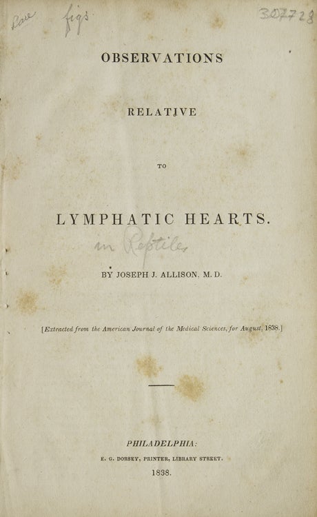 Item #308728 Observations relative to Lymphatic Hearts (in reptiles). Joseph J. Allison, M. D.