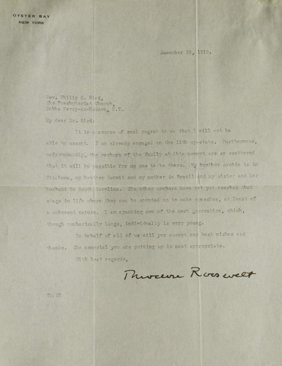 Item #308760 2 Typed Letters Signed ("Theodore Roosevelt") to Rev. Philip S. Bird. Theodore Roosevelt, Jr.