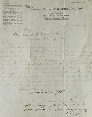 Item #308772 Letter Signed ("Booker Washington"), to Mr. F.G. Wood of Central N.Y. Tel. & Tel....