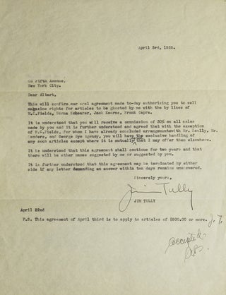 Item #308781 Carbon Typed Letter, Signed. Contract between Tully and Albert Boni, Publisher for...