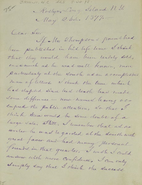 Autograph Letter Signed ("W C Bryant"), to Edward Oldham in North Carolina, regarding the sale of a book by Mr. Thompson
