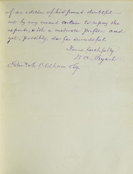 Autograph Letter Signed ("W C Bryant"), to Edward Oldham in North Carolina, regarding the sale of a book by Mr. Thompson